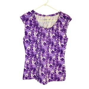 LOFT Womens Purple Floral Print Scoop Neck Cap Sleeve Top Shirt Size L